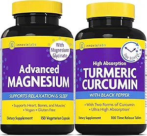Magnesium & Curcumin Bundle: InnovixLabs Advanced Magnesium (150 Time- Release Caps) InnovixLabs Turmeric Curcumin (100 Time- Release Tablets). Προωθεί την χαλάρωση, οστά, μύες και ανοσοποιητική υγεία.*