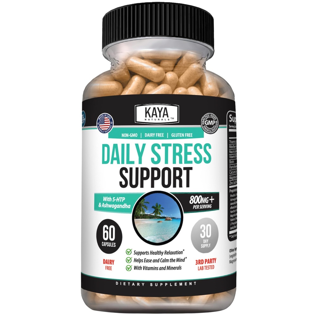 Kaya Naturals - Φυσικό φυτικό στρες Υποστήριξη συμπλήρωμα βιταμίνης για να χαλαρώσετε και να ηρεμήσουν το μυαλό - Boost Mood - Happy Hills - Stress Relief Υποστήριξη - Vitamin συμπλήρωμα - 60 κάψουλες