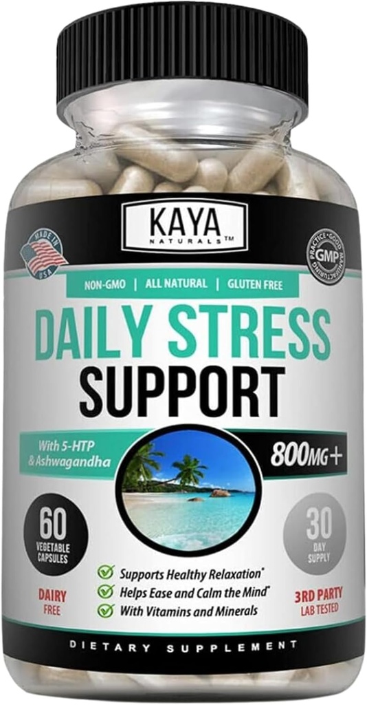 Kaya Naturals - Doğal Herbal Stres Desteği Rahatlama ve Calm The Mind - Boost Mood - Mutlu Pills - Stres Yardımı - Vitamin Supplement - 60 Capsules