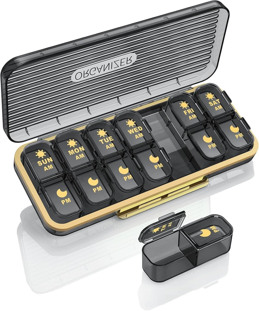 Pill Organizer 2 Times A Day, 7 Day Am Pm Pill Box - Acedada Weekly Pill Organizer Two A Day, Portatif Re taşınma Günlük Tıp Konteynerleri A Vitamin Fish Oil Supplement, Black Grey