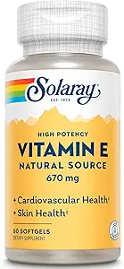 SOLARAY Vitamin E 1000 IU Softgel Capsules, 670 mg - d Alfa Tocopherol E Supplements - Skin Health, Heart Function ve Antioksit - 60 Günlük Garanti - 60 Hizmet, 60 Softgels