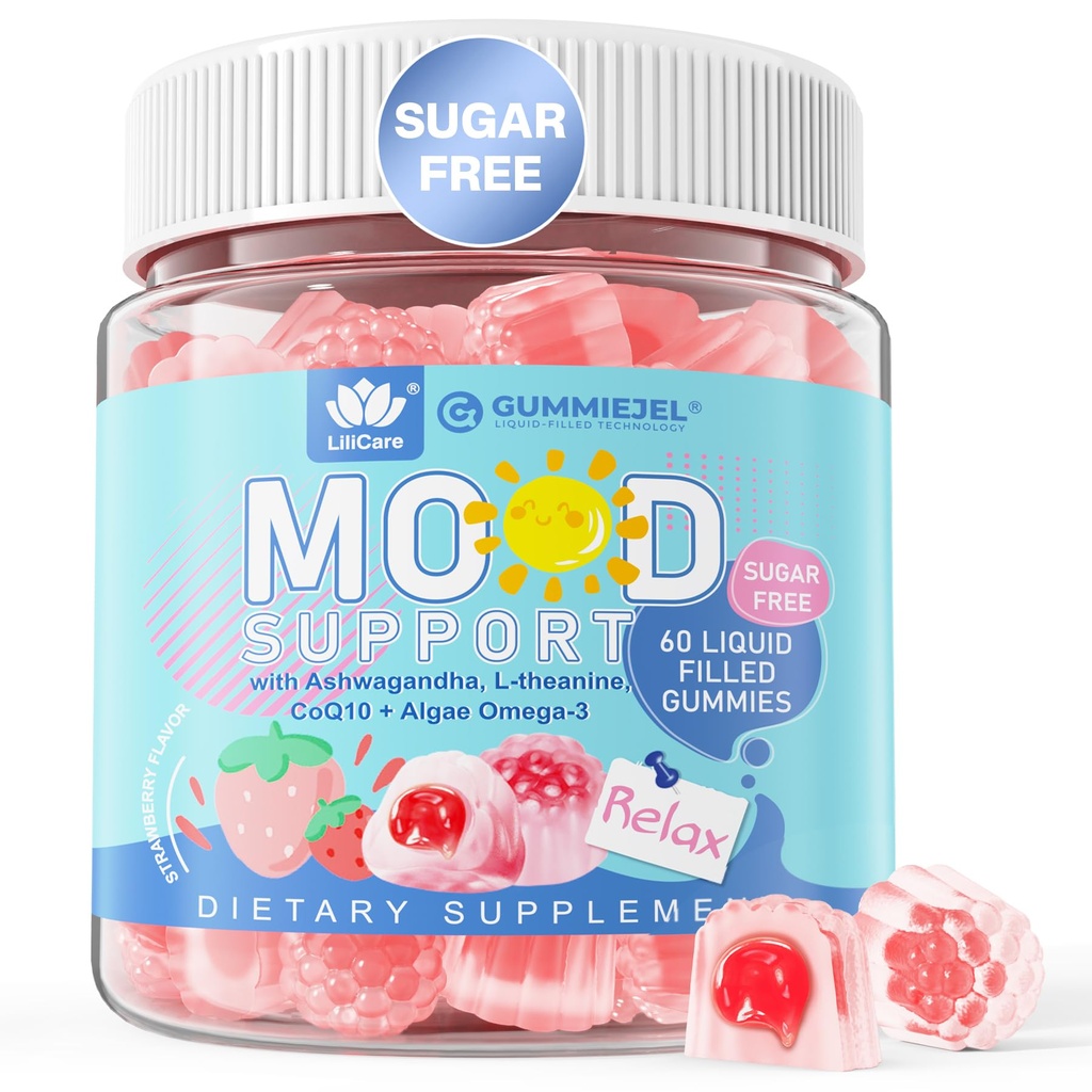 Χωρίς ζάχαρη Ashwagandha Ήρεμες Gummies με L-Θεανίνη, Βιταμίνη D3, Vegan Omega 3, CoQ10 & Rhodiola Rosea για γυναίκες άνδρες, Natural Relax Calming Mood Supplement, Φράουλα Γεύση, Vegan, 60 Filled Gummies