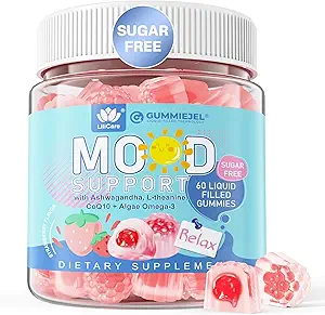 Sugar Free Ashwagandha Calm Gummies with L-Theanine, Vitamin D3, Vegan Omega 3, CoQ10 & Rhodiola Rosea for Women Men, Natural Relax Calming Mood Supplement, Strawberry Flavor, Vegan, 60