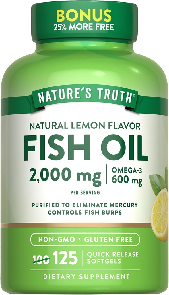 Nature's Truth Omega 3 Fish Oil 2000 mg | 125 Liquid Softgels | Burpless, Lemon Flavor Pills | Non-GMO ve Gluten Free Supplement Supplement Supplement