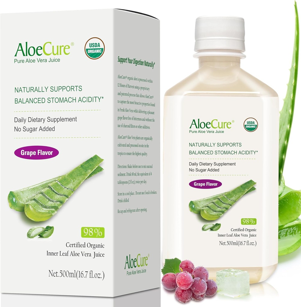 AloeCure USDA Organik Aloe Vera Juice Grape Flavor, 12 Hours of Harvest - Pure Aloe Vera Digestive & Immune Health Supplement, Helps maintain Balanced Stomach Acid, 16.7oz Şişe Şişe