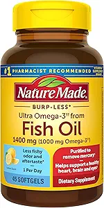 Nature Made Burp-Less Ultra Omega-3 από το ιχθυέλαιο 1400 mg, Συμπλήρωμα διατροφής για την υγιή υποστήριξη της καρδιάς, 45 Softgels, 45 ημέρα προσφοράς