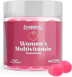 Droppels Women's Multivitamin Gummies with Folic Acid, Vitamins A, D, C, E, K, B6, B12, Biotin & More | Vegan, Non-GMO & Pectin-Based Daily Vitamins for Women | Peach Tea Flavor, 60