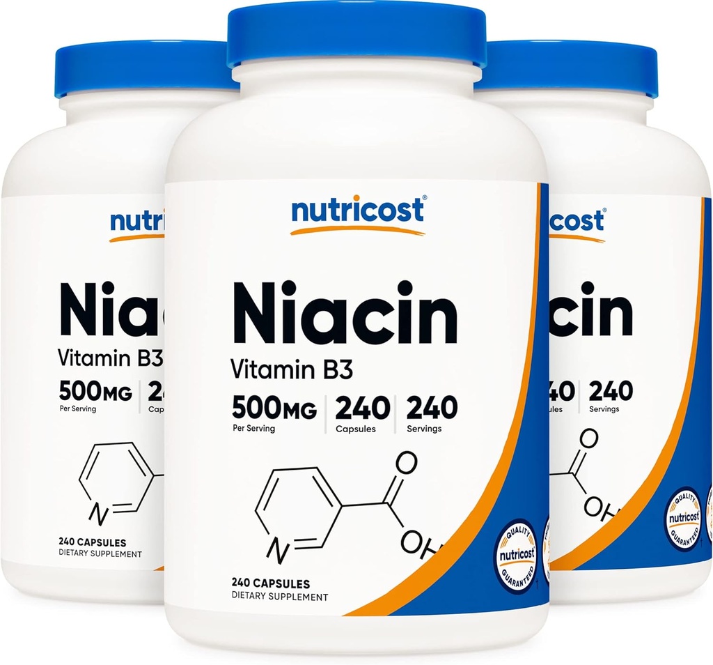Nutricost Niacin (Vitamin B3) 500 mg, 240 Capsules (3 Şişe) - Niacin Flush