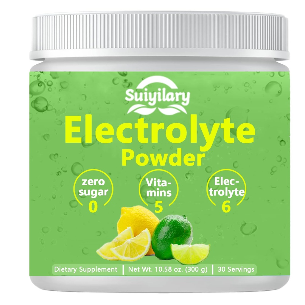 Suiyilary Electrolytes Powder No Sugar, Electrolyte Drink Mix, 5 Vitamins & 6 Electrolytes, Keto Friendly, Potassium & Salt, Sugar Free Hydration Powder, Lemon Flavour 300g