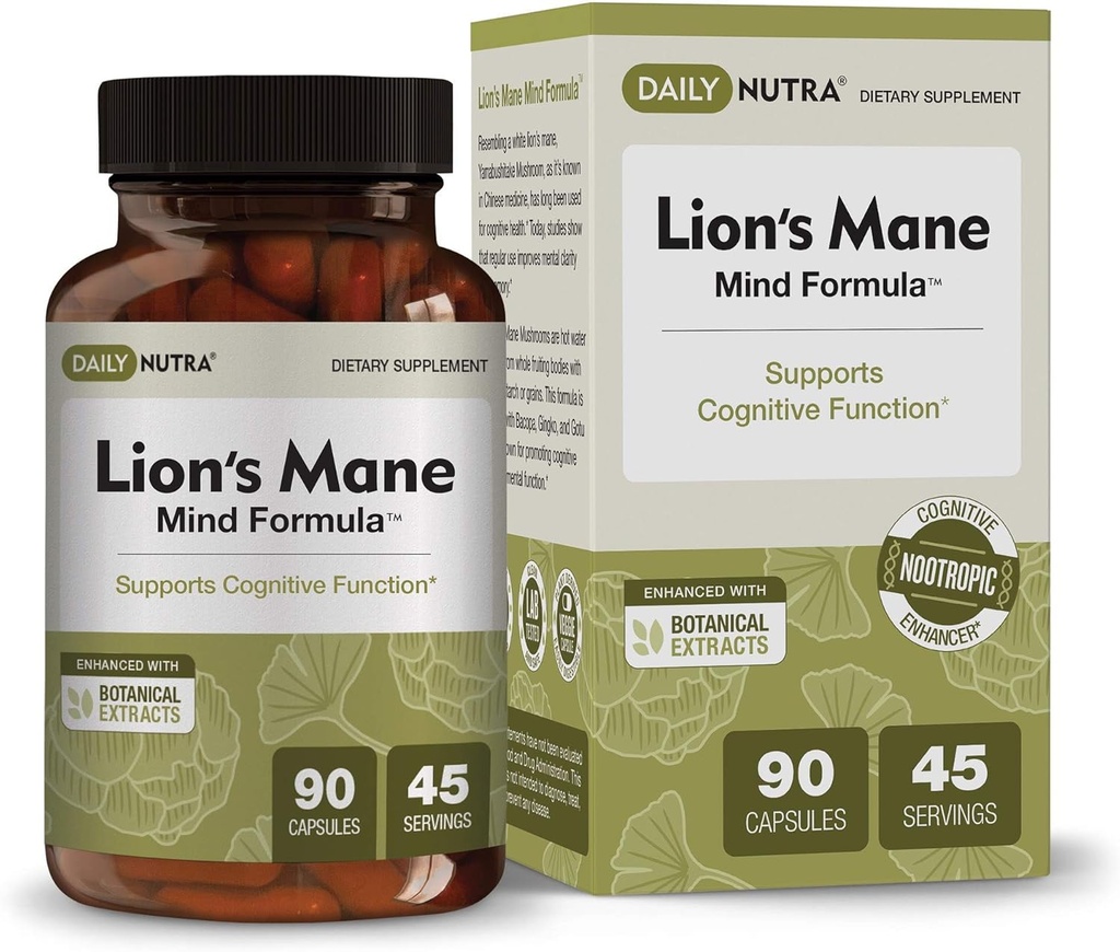 DailyNutra Lion's Mane Mind Formula - Bilişsel Beyin Sağlığı için Nootropic Supplement | Bacopa, Gingko ve Gota Kola (90 Capsules)