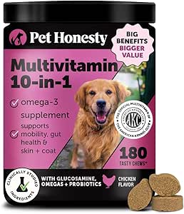 Dog Multivitamin - 10 in 1 Dog Vitamins for Health & Heart - Omega Fish Oil, Glucosamine & Probiotics - Dog Vitamins and Supplements for Skin and Coat (Chicken 180 ct)