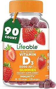 Yetişkinler için D Gummies | 5000 IU | Great Tasting D3 Vitamin | Immune Support and Health Bones Vitamin D Supplement for Men, Women | 90 Gummies | Lifeable