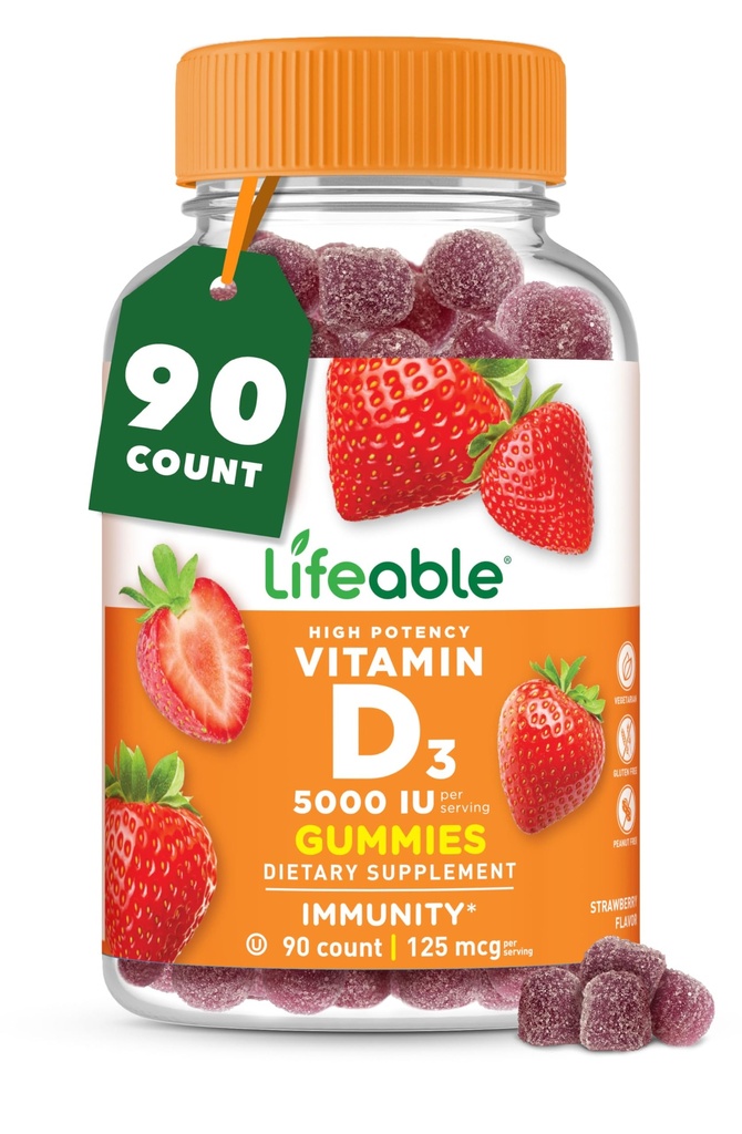 Yetişkinler için D Gummies | 5000 IU | Great Tasting D3 Vitamin | Immune Support and Health Bones Vitamin D Supplement for Men, Women | 90 Gummies | Lifeable