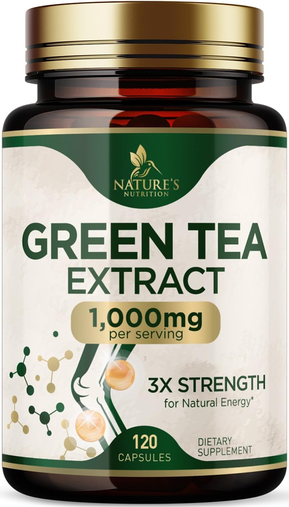 Green Tea Extract Capsules 1000 mg - Standardized 45% EGCG & 98 Polyols - 3X Strength Green Tea Pills for Natural Energy - Supports Heart Health, Herbal Supplement, Vegan, Non-GMO - 120 Capsules