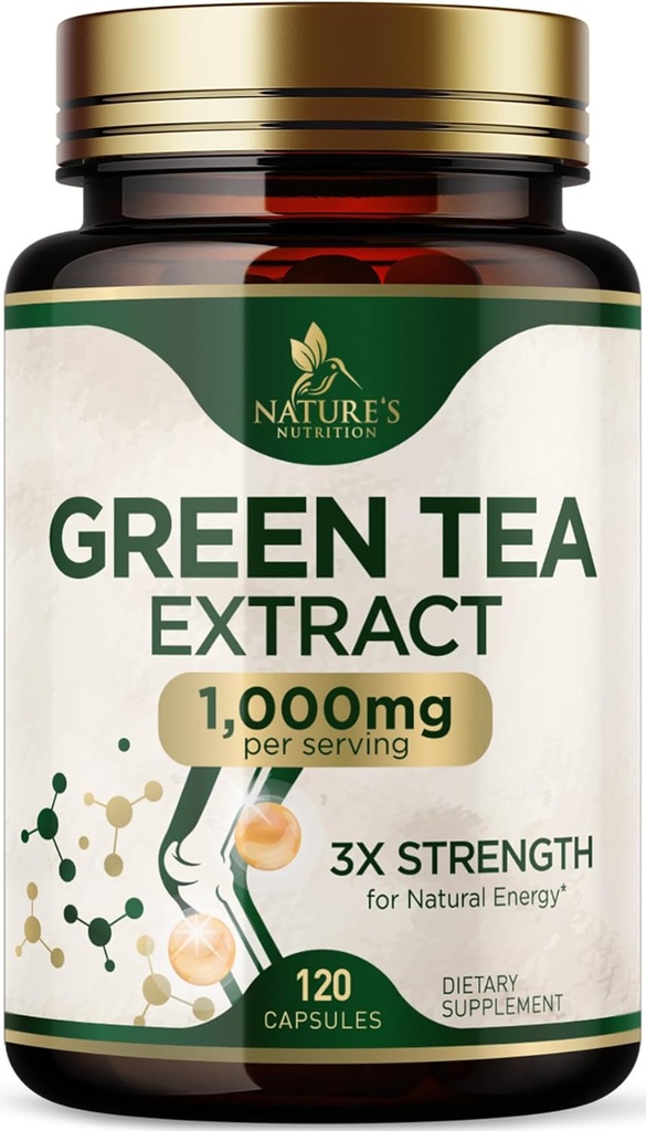 Green Tea Extract Capsules 1000 mg - Standardized 45% EGCG & 98% Polyphenols - 3X Strength Green Tea Pills for Natural Energy - Supports Heart Health, Herbal Supplement, Vegan, Non-GMO - 120 Capsules