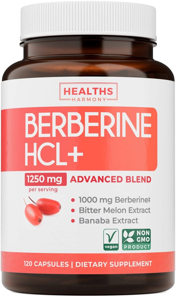 Berberine Supplement (Non-GMO & Vegetarian) Berberine HCL Plus Bitter Melon & Banaba Leaf Capsules - Berberine 500 mg Her, 1000 mg Per Serve - AMPK Metabolic Activator - 120 Caps (No Pills)