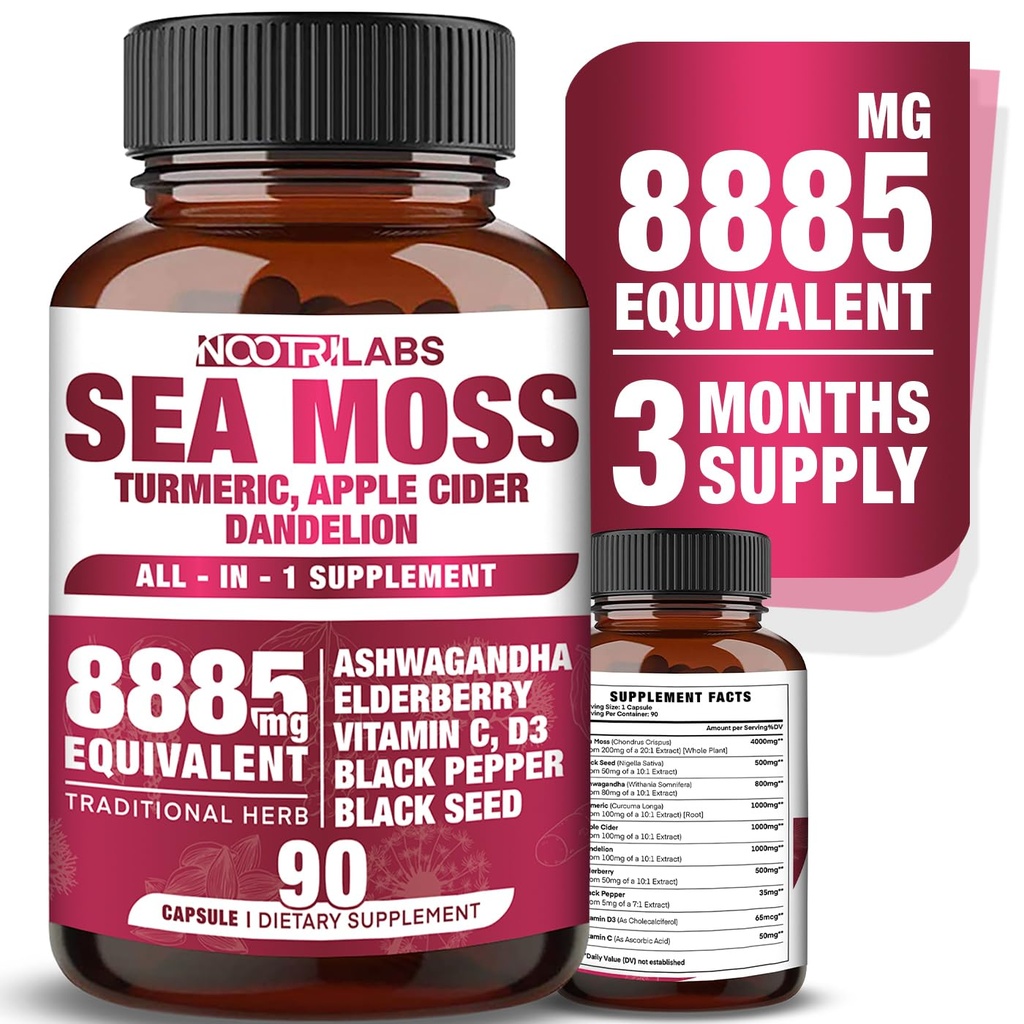 All-in-1 8885mg Highest Potency Sea Moss, Black Seed, Ashwagandha, Turmeric, Apple Cider Vinegar, Dandelion with Elderberry, C & D3 - Immune, Energy Support Supplement - 90 Vegan Capsules