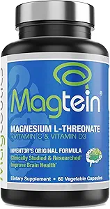 Magtein - Magtein L-Θρεονικό συμπλήρωμα, Μνήμη, Εστίαση, ύπνος & Brain Health Formula για άνδρες και γυναίκες, Γνωστική υποστήριξη για ενήλικες, κλινικά ερευνηθεί - 60 Veg κάψουλες