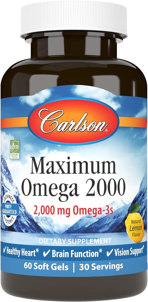 Carlson - Μέγιστο Ωμέγα 2000, 2000 mg Ωμέγα-3 Λιπαρά Οξέα Συμπεριλαμβανομένων EPA και DHA, Wild-Caught, Νορβηγικό συμπλήρωμα ιχθυελαίου, Βιώσιμα πηγασμένα κάψουλες ιχθυελαίου, λεμόνι, 60 Softgels