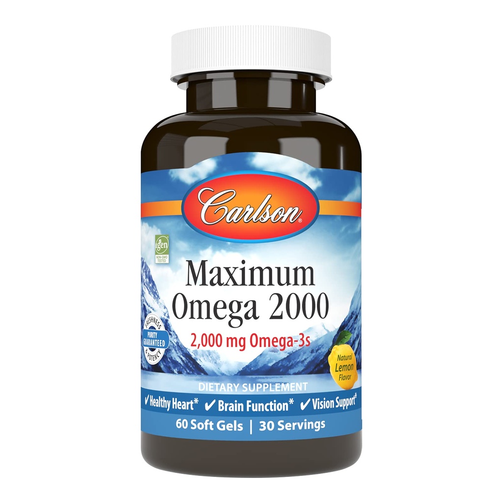 Carlson - en fazla Omega 2000, 2000 mg Omega-3 Fatty Acids Including EPA ve DHA, Wild-Caught, Norveç Fish Oil Supplement, Sustainable Sourced Fish Oil Capsules, Lemon, 60 Softgels