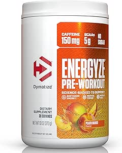 Enerjize Pre Workout Toz for Men and Women, Peach Mango, 150 mg Caffeine, 5g BCAAs, Performansı L-Theanine, L-Tyrosine, L-Citrulline, No Sugar (30 hizmet)