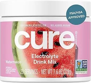 Cure Hydration | Plant-Based Electrolyte Drink Mix | Nodrew Sugar | FSA-HSA | Dehidrasyon Yardımı Tuvalet Su ile Yapıldı | Non-GMO | Vegan | 28 Servisler Jar - Watermelon