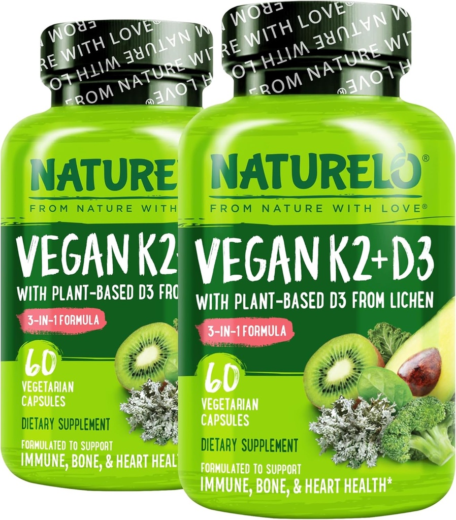 NATLO Vitamin D3 K2 - Vegan K2+D3 ile Plant Based D3 From Lichen - Natural D3 Supplement for Immune System, Bone Support, Heart Health - Whole Food - Non-GMO - Gluten Free, 60 Capsules (Pack of 2)