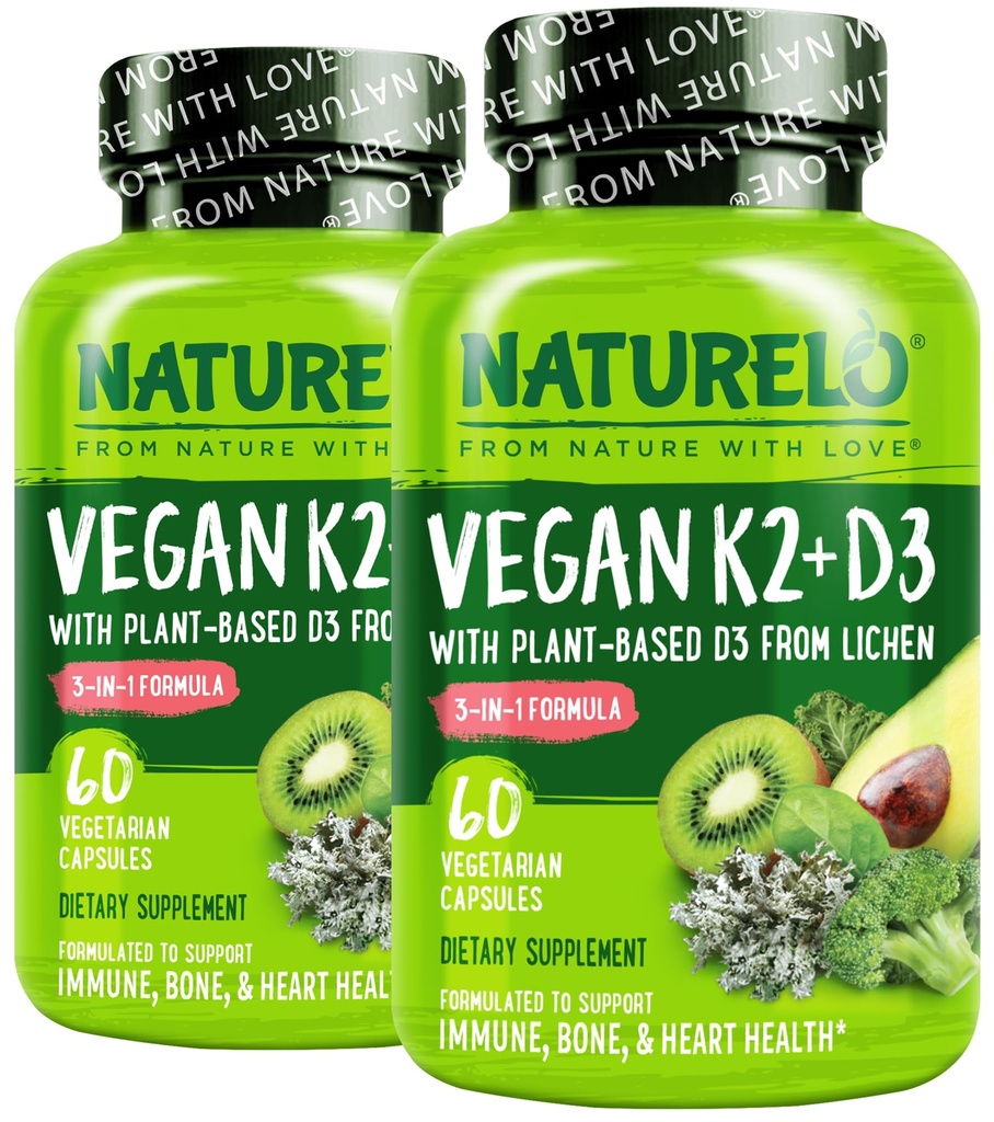 NATURELO Βιταμίνη D3 K2 - Vegan K2+D3 με βάση το φυτό D3 από τη λειχήνα - Φυσικό συμπλήρωμα D3 για το ανοσοποιητικό σύστημα, την υποστήριξη των οστών, την υγεία της καρδιάς - ολόκληρα τρόφιμα - μη ΓΤΟ - Χωρίς γλουτένη, 60 κάψουλες (πακέτο του 2)