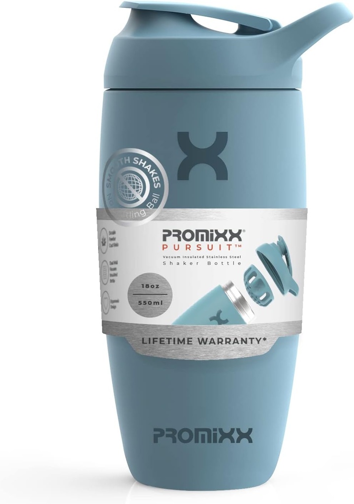 Promixx Pursuit Shaker μπουκάλι μονωμένο από ανοξείδωτο χάλυβα μπουκάλι νερού και shaker Cup, 18oz, Ocean Calm Blue