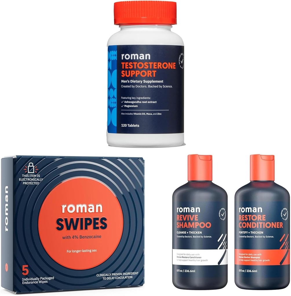 ROMAN Men's Wellness Sche | testosteron Support Supplement, Fast-Acting Swipes for Stamina, and Revive Spuer-Baking Saç | Tamam Erkekler Bakım Kit