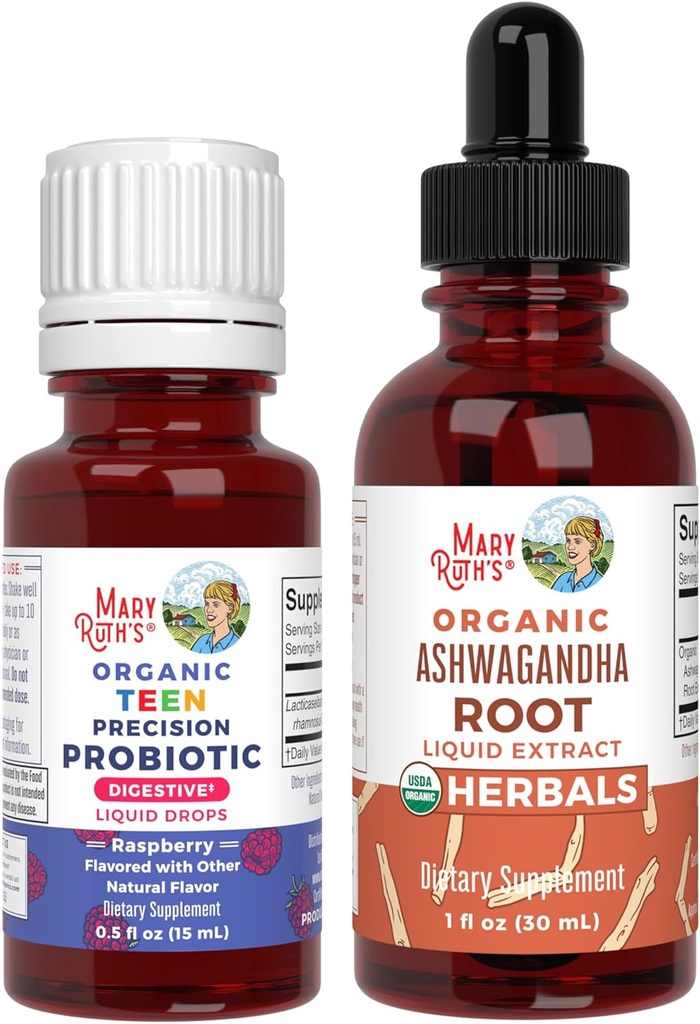 MaryRuth Organics Precision Probiyotik Drops forYoung (Raspberry) & Ashwagandha Drops | USDA Organic | Vitamins for Gut Health, Relaxation, & General Wellness | Vegan, Non-GMO, Gluten Free
