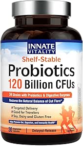 Innate Vitality Probiotics 120 Billion CFUs for Men & Women, 34 Strains with Prebiotics & Digestive Enzymes, Immune & Digestive Health, Delayed Release, Shelf Stable, 30 Vegan Capsules