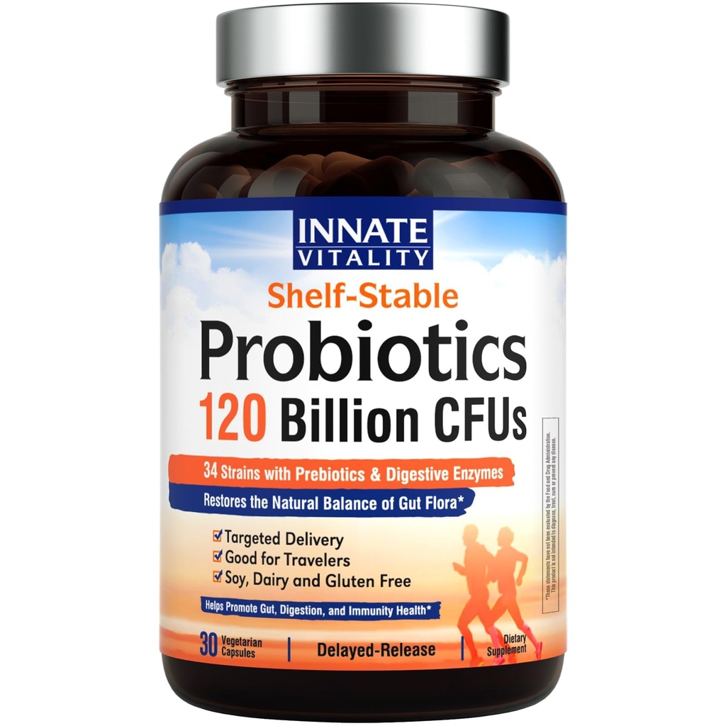 Innate Vitality Probiyotiks 120 Milyar CFUs for Men & Women, 34 Strains with Prebiyotiks & Digestive Enzymes, Immune & Digestive Health, Gecikme, Raf Stable, 30 Vegan Capsules