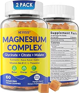 Magnezyum Kompleks Gummies 400 mg, Magneisum Glycinate Citrate Malate + Turmeric, GABA, B6 B12, Kava, L-Theanine for Sleep, Calm, Relaxation, Energy, Magnezyum Gummies for Women Men, Vegan, 2 Pack