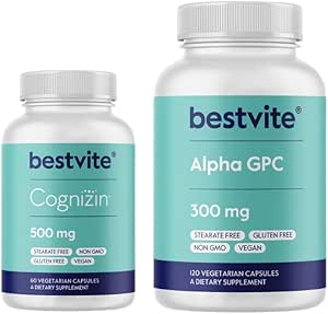 BESTVTIE Cognizin 500mg & Alpha GPC 300mg - Δεν Stearates - Συμπληρώματα εγκεφάλου για μνήμη και εστίαση