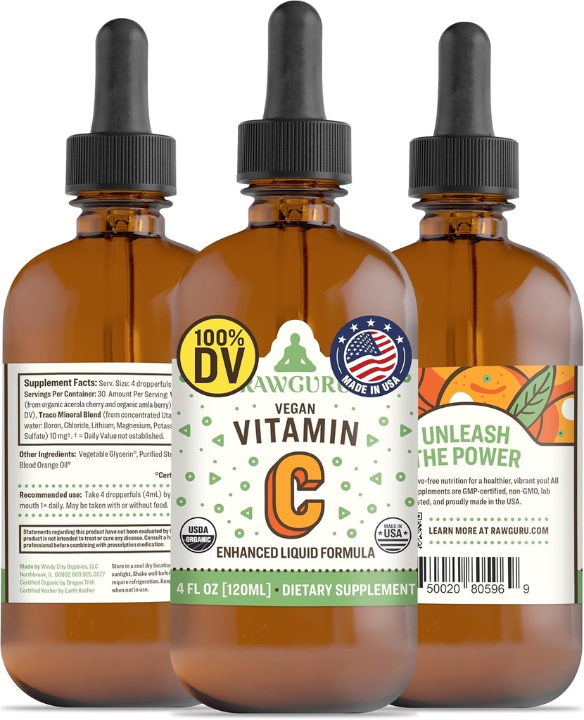 RawGuru Organik Vitamin C Tincture - Sıvı Vitamin C with Trace Minerals - Nano-Processed Antioksi & Immune Support Supplement Tincture - 30 Vegan Drops in 120 ml, Pack of 1