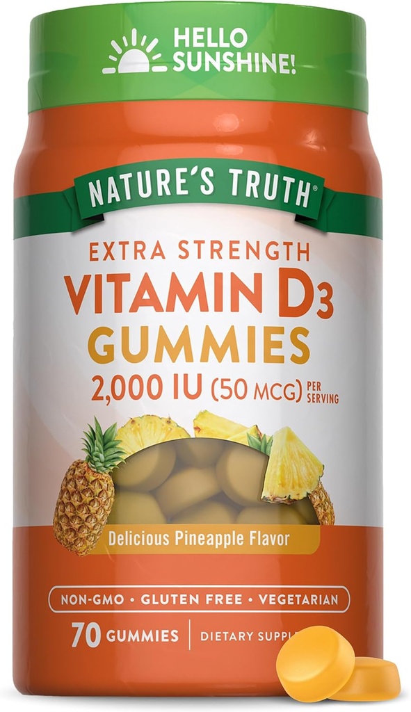 Doğanın Gerçek Vitamin D3 Gummies | 2000 IU | 70 Kont | Pineapple Flavor | Vegetarian, Non-GMO ve Gluten Free Supplement Supplement