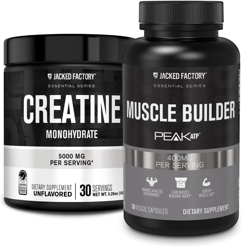 Jacked Factory Tinatine Monohidrat Toz 150g - Kas Büyüme, Artan Güçlü & Essentials Muscle Builder - PeakATP (30 Capsules) ile Günlük Kas Builder
