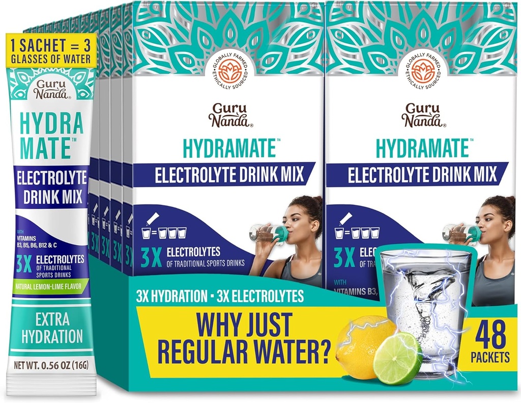 GuruNanda Hydramate Hydration Support Drink Mix - Electrolyte Powder Packets for Dehydration, Exercise & Energy - No Added Sweeteners, Non-GMO, Natural Lemon Lime Flavor - 48 Count (0.56 oz Each)