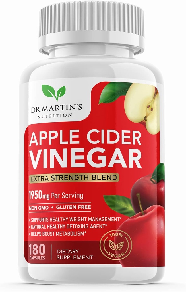 Pure 1950mg Apple Cider Vinegar Supplement | 180 Capsules | No Sour Taste | Pills for Health Metabolism, Bloating & Energy | Detox & Digestion Support| Non-GMO, Gluten Free | 100% Natural & Raw