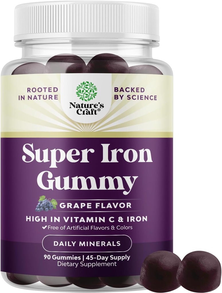 Επιπλέον δύναμη Iron Gummies για γυναίκες και άνδρες - ισχυρό 45mg ανά υπηρεσία Chewable συμπλήρωμα για γυναίκες και άνδρες με βιταμίνη C για υψηλότερη απορρόφηση - Vegan Καθημερινά Σίδερο Gummy Όχι τεχνητά αρώματα