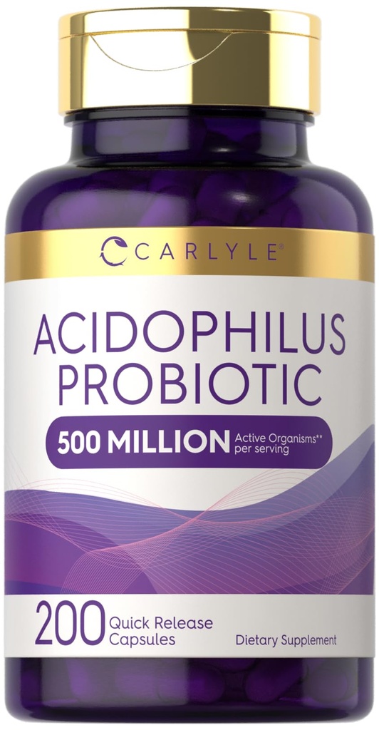 Carlyle Acidofilius Kadınlar ve Erkekler için Probiyotik Capsules | 500 Milyon CFU | 200 Pills | Lactobacillus Supplement | Non-GMO ve Gluten Free