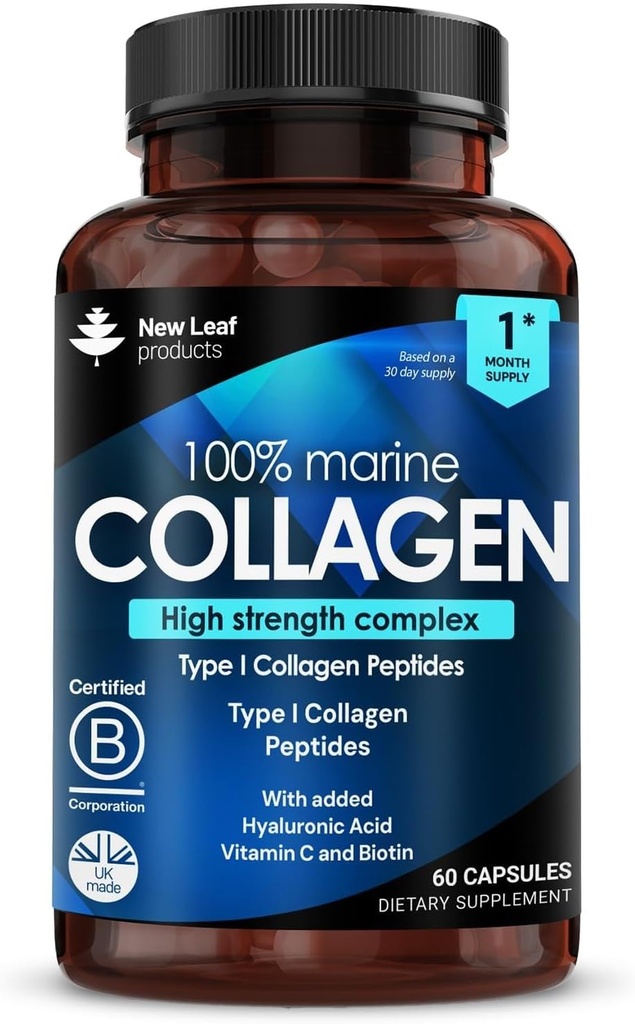 Pure Marine Collagen 100% Marine Collagen Type 1 1300 mg - Hydrolysed Collagen Hydro Hyaluronic Acid & Vitamin C, High Strength Collagen Supplements for Women and Men, 60 Tabletler