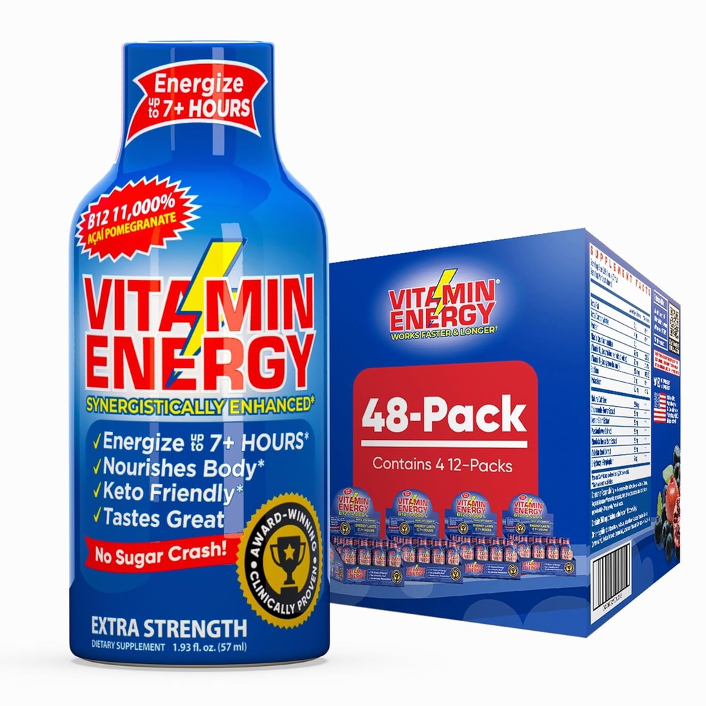 Vitamin Energy B12 11,000% Extra Strength Energy Shot Açaí Ρόδι 48 Pack, 260mg Φυσική καφεΐνη, B12 & B6, Nootropic Focus, Vitality, Zero Sugar, Gluten-free, Vegan, Kosher, 1.93 fl oz