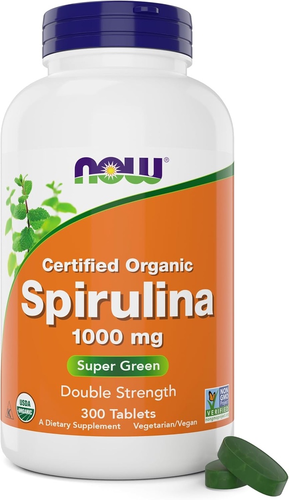 NOW Foods Organic Spirulina 1000mg Tablets - 300 Count - Non-GMO, Super Green Whole Food Supplement - Double Strength 1000 mg - Φυσικό αποτέλεσμα Beta-Carotene (VIT A), B-12 και GLA