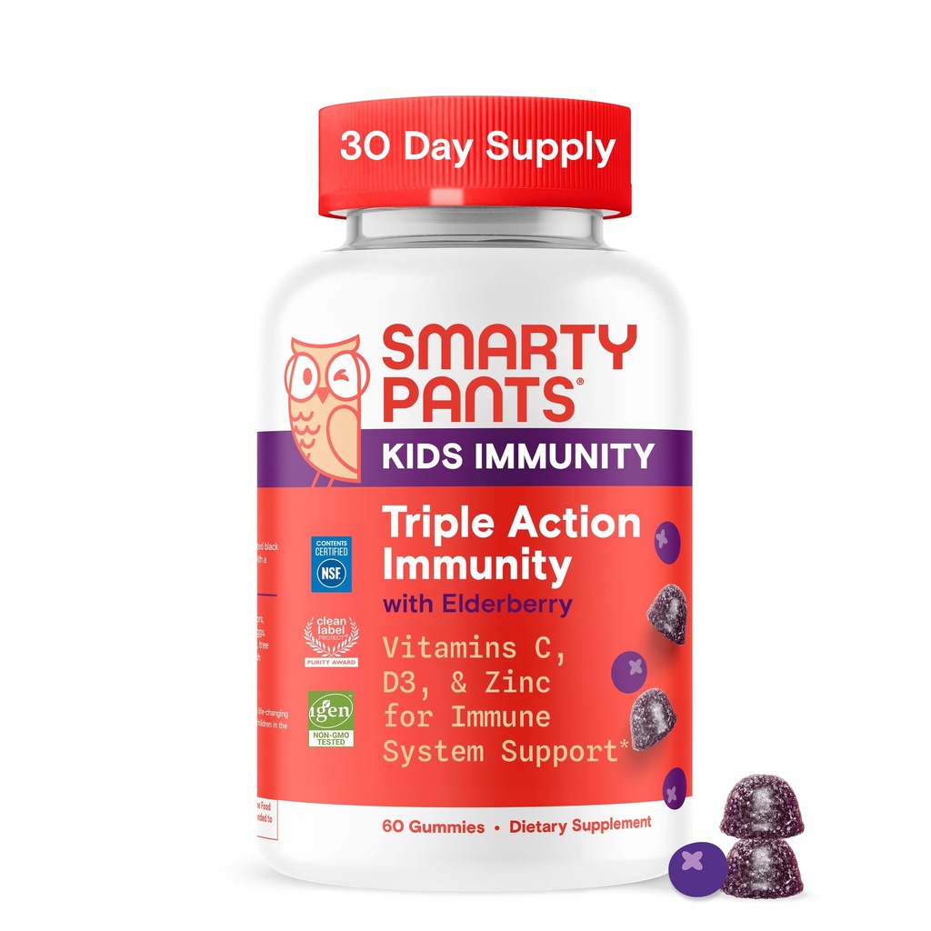 SmartyPants Kids Immunity Elderberry Gummies: Çocuklar Immune Support Supplement, C, Vitamin D, Vitamins B6 & B12 ve çinko, Gluten Free, Elderberry Flavor, 60 Kont (30 Day Supply)
