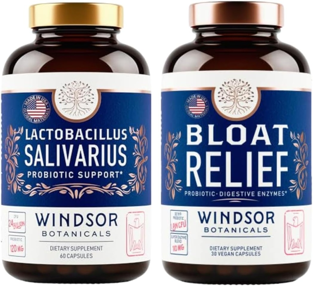 WINDSOR BOTANICALS Bloat Relief and Lactobacillus Salivarius Probiyotik Capsules - Oral ve IBS Support Sche