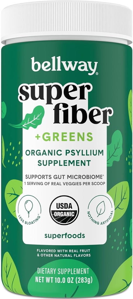 Bellway Super Fiber + Πράσινη σκόνη, χωρίς ζάχαρη Psyllium Husk Fiber συμπλήρωμα σκόνης με Super Greens (30 εξυπηρετούν)