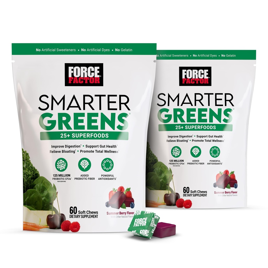 FORCE FACTOR Smarter Greens Superfood Chews, 2-Pack, Greens and Superfoods with Probiotics, Antioxidants, and Fiber, Greens Supplement to support Digestion, Nitric Oxide, and Energy, 120 Μαλακά Chews