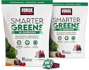 FORCE FACTOR Smarter Greens Superfood Chews, 2-Pack, Greens and Superfoods with Probiyotiks, Antioksis, and Fiber, Greens Supplement to Support Digestion, Nitric Physics, and Energy, 120 Soft Chews